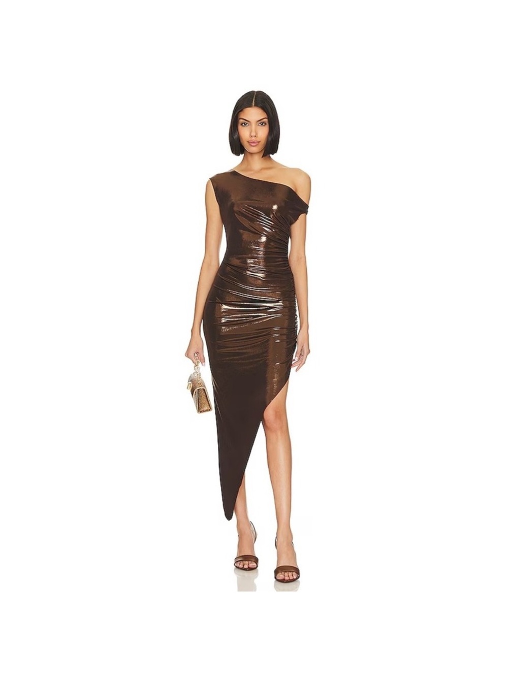 Norma Kamali Drop Shoulder Side Drape Gown Chocolate Metallic Bodycon Dress
